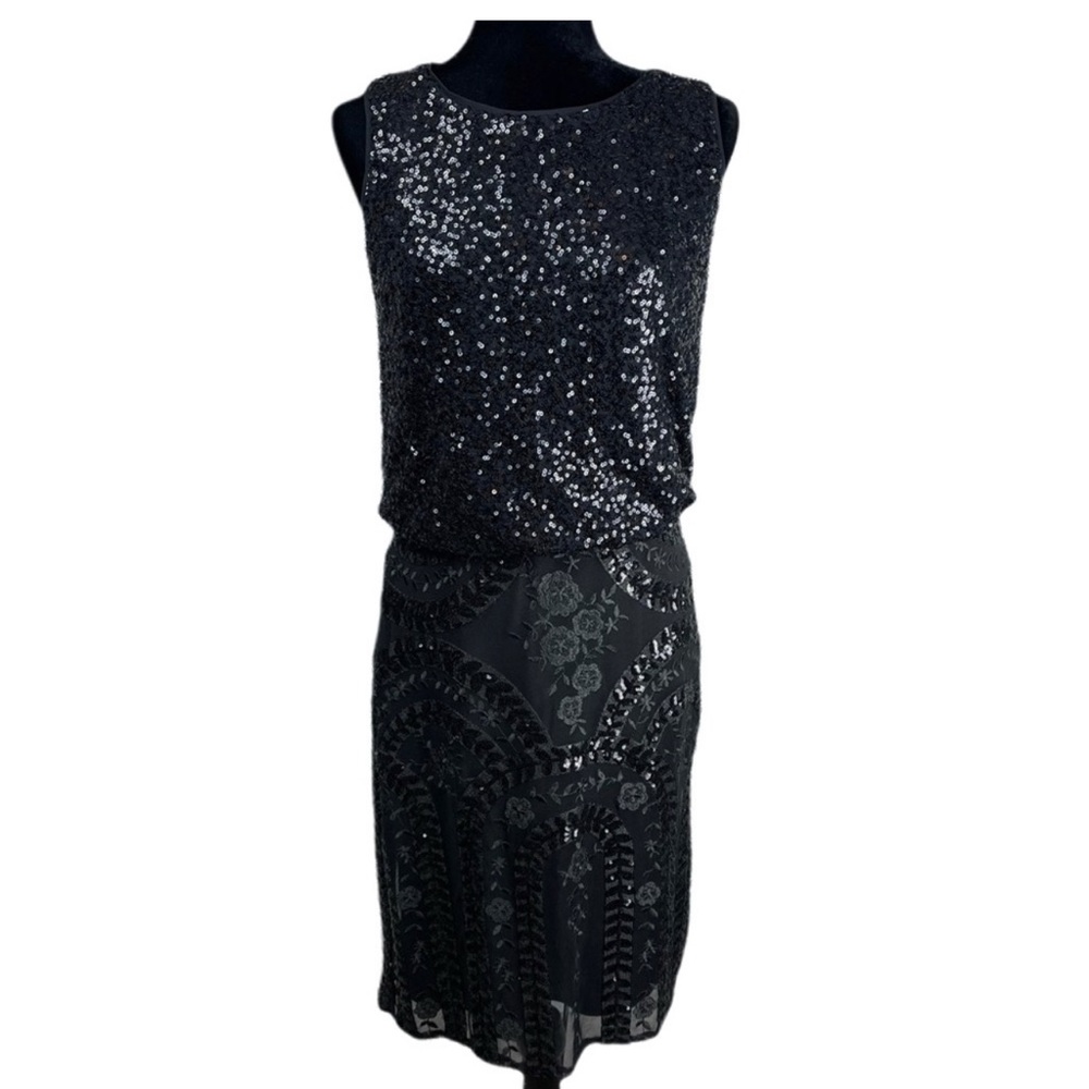 NWT R&M Richards Black Sequin Blouson Sheath Dress